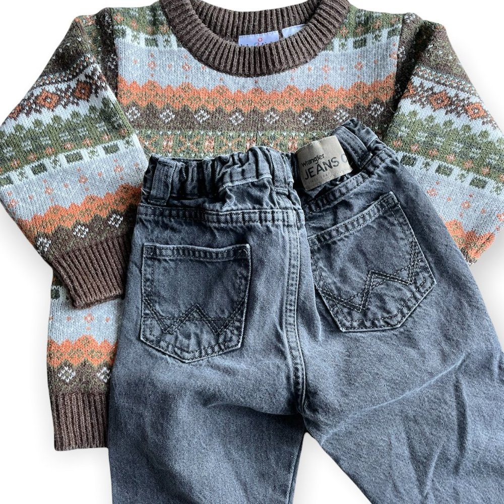 2T Boys Fall Bundle: BT Kids Fair Isle Sweater and Wrangler Black Denim Jeans